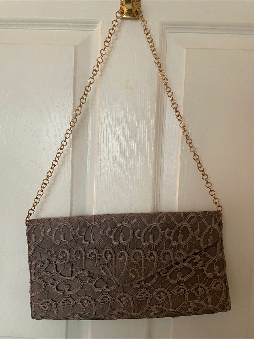 Taupe Lace-Overlay Evening Clutch with Gold Chain